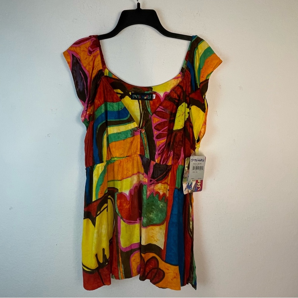 NWT Jams World XL Hawaiian Floral Sweetheart Babydoll Top Cap Sleeve Blouse